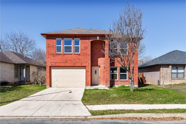 traditional-style house featuring a garage, driveway, brick siding, and a front lawn