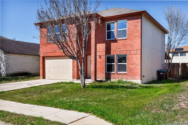 view of front of house featuring driveway, brick siding, an attached garage, and a front yard