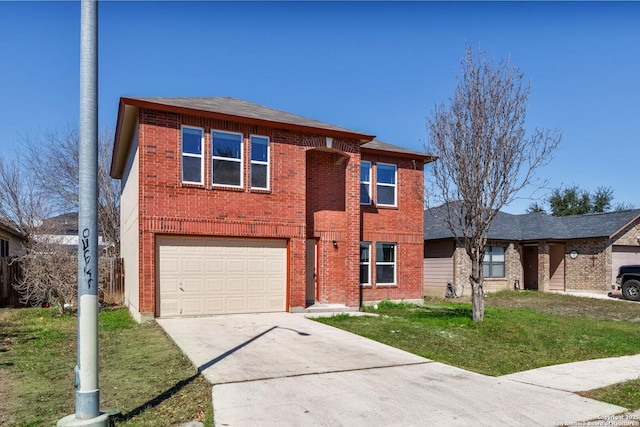 view of front of property featuring a garage, a front lawn, concrete driveway, and brick siding