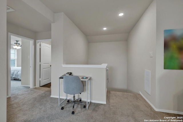 office space with recessed lighting, visible vents, baseboards, and light colored carpet