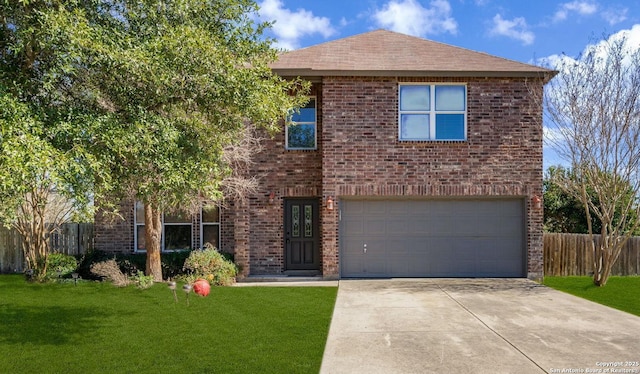 traditional home with an attached garage, brick siding, fence, concrete driveway, and a front lawn