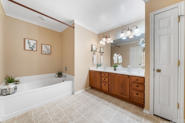 bathroom with double vanity, ornamental molding, a sink, and a bath