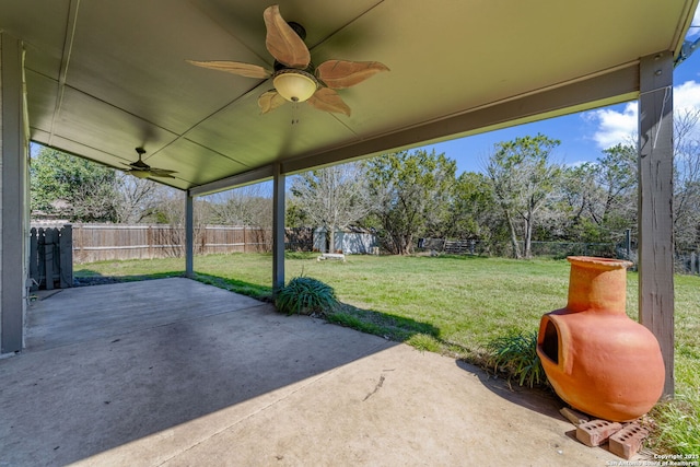 view of patio / terrace featuring ceiling fan and a fenced backyard