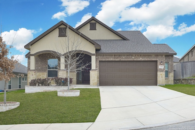 view of front of home featuring an attached garage, roof with shingles, a front lawn, and brick siding