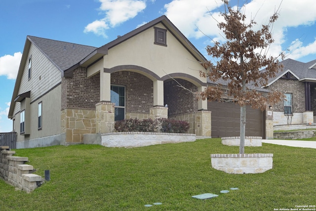 view of front facade featuring a garage, stone siding, a front lawn, and brick siding