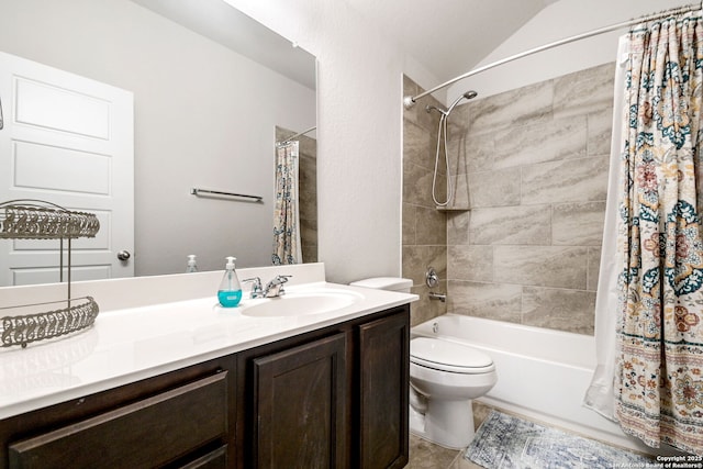 13818 Cessna, San Antonio, TX 78245 - bathroom with lofted ceiling, vanity, toilet, and shower / bath combo with shower curtain