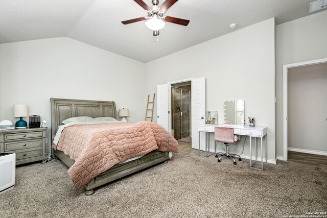 13818 Cessna, San Antonio, TX 78245 - carpeted bedroom with baseboards, visible vents, vaulted ceiling, and a ceiling fan