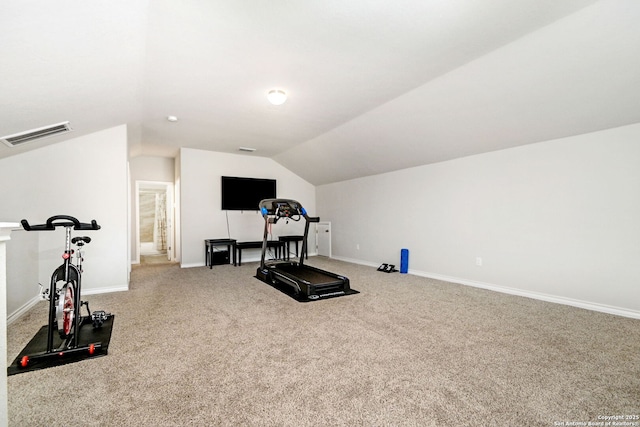 13818 Cessna, San Antonio, TX 78245 - workout area with carpet, visible vents, vaulted ceiling, and baseboards