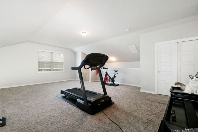 13818 Cessna, San Antonio, TX 78245 - exercise area featuring carpet, lofted ceiling, and baseboards
