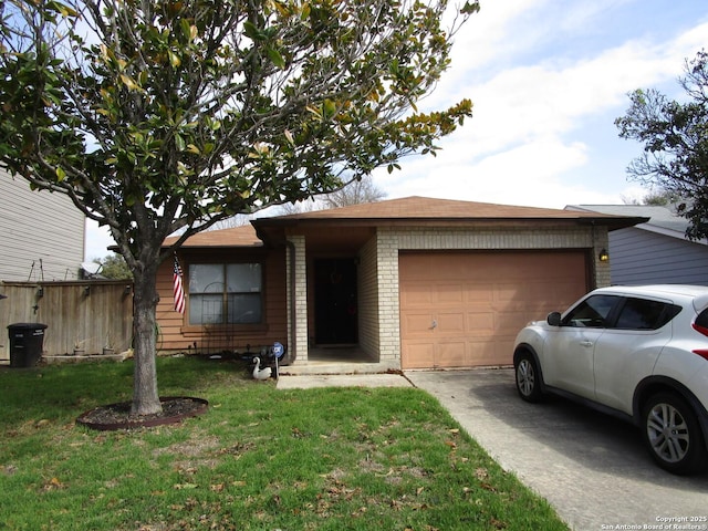 view of front facade with brick siding, an attached garage, fence, driveway, and a front lawn