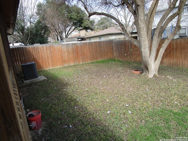 view of yard featuring a fenced backyard and central air condition unit