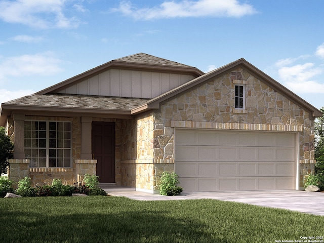 view of front of property with a garage, a front yard, roof with shingles, and board and batten siding