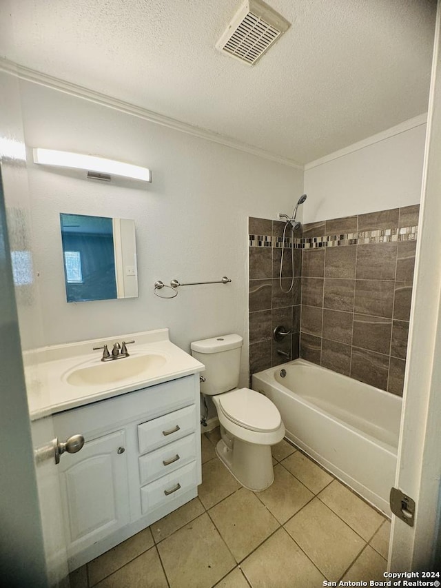 full bathroom featuring shower / bathtub combination, visible vents, toilet, a textured ceiling, and tile patterned floors