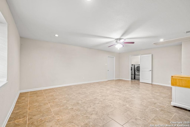 unfurnished room featuring visible vents, baseboards, washer and clothes dryer, a ceiling fan, and recessed lighting