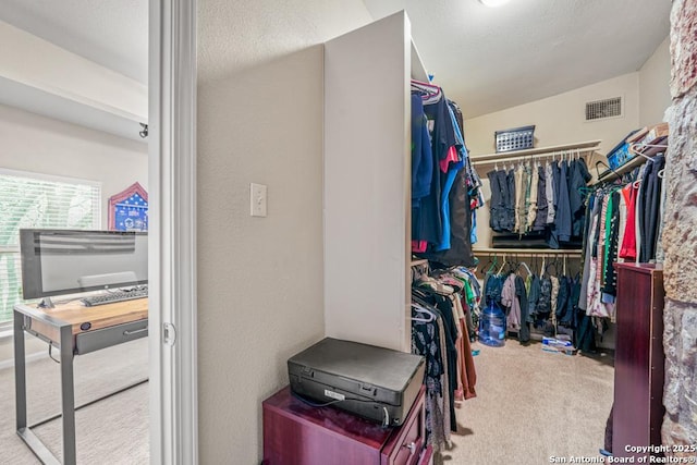 spacious closet featuring visible vents and light carpet