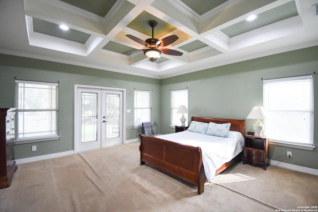 bedroom with light carpet, coffered ceiling, baseboards, access to outside, and french doors