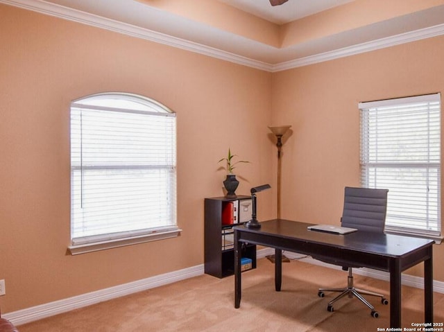 home office featuring light colored carpet, crown molding, baseboards, and ceiling fan