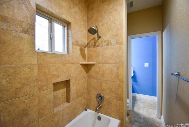 full bath with toilet, baseboards, visible vents, and  shower combination