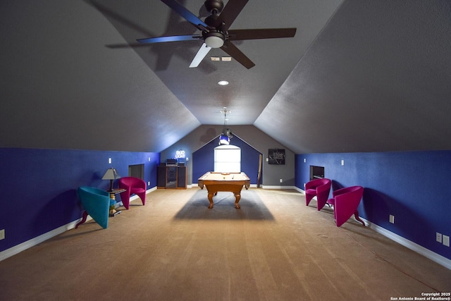 game room with lofted ceiling, ceiling fan, pool table, carpet floors, and baseboards