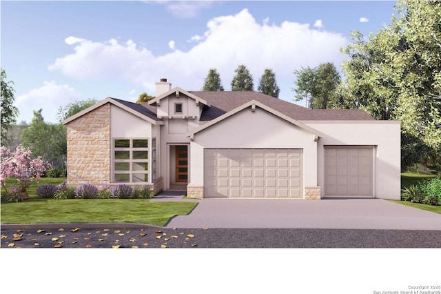 view of front of property featuring a garage, stone siding, concrete driveway, a front lawn, and a chimney