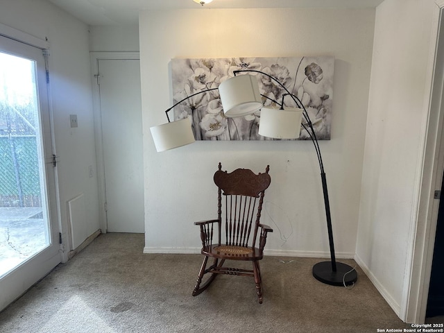 living area with baseboards, carpet floors, and a healthy amount of sunlight