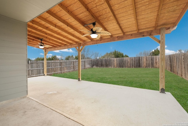 view of patio / terrace featuring a ceiling fan and a fenced backyard