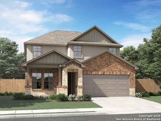 craftsman inspired home featuring a shingled roof, fence, concrete driveway, and brick siding