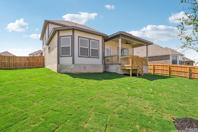 back of house featuring a fenced backyard, a lawn, and ceiling fan