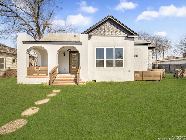 445 Cooper St, San Antonio, TX 78210 - view of front of property featuring crawl space, stucco siding, fence, and a front yard