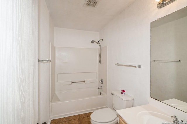 full bath featuring toilet, shower / tub combination, vanity, and visible vents