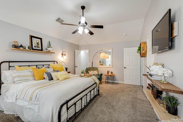 bedroom featuring carpet floors, visible vents, a ceiling fan, vaulted ceiling, and baseboards