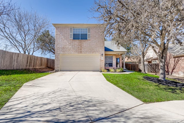 traditional home with brick siding, fence, driveway, and a front lawn