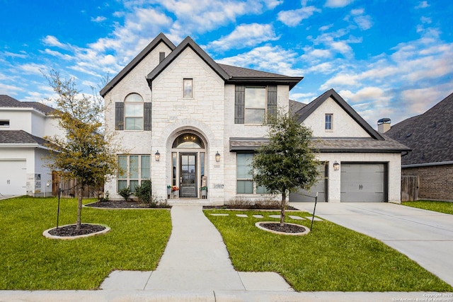 french country style house featuring driveway, a front lawn, roof with shingles, and brick siding