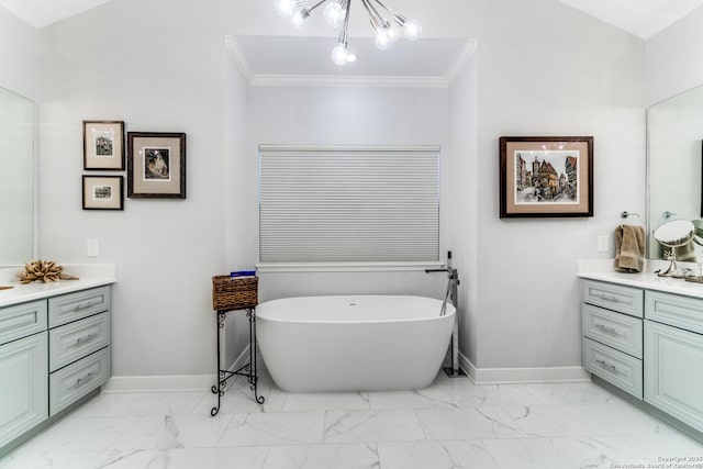 bathroom with crown molding, marble finish floor, a freestanding tub, and vanity