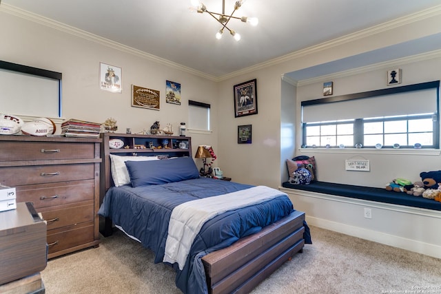 bedroom featuring light carpet, baseboards, ornamental molding, and a notable chandelier