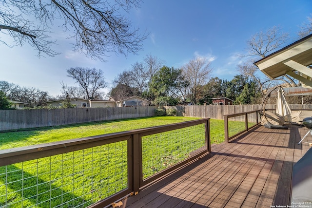 deck with a fenced backyard and a yard