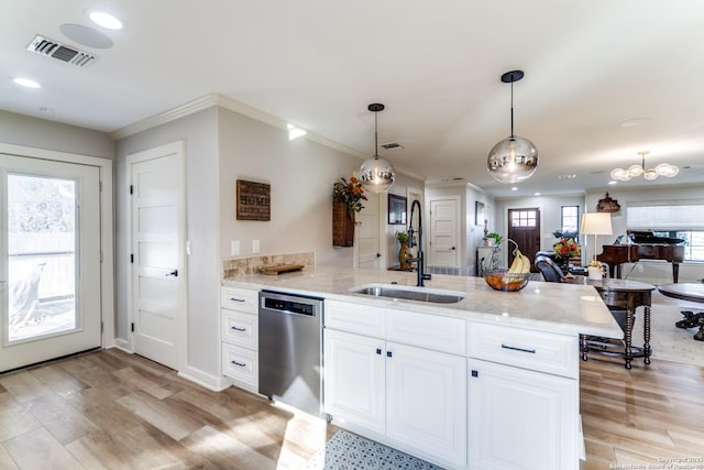 kitchen with white cabinets, visible vents, a sink, and stainless steel dishwasher