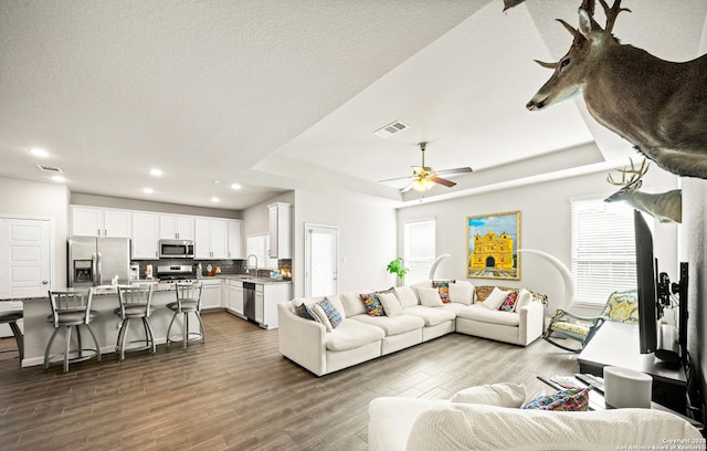 living area featuring visible vents, a raised ceiling, and dark wood finished floors