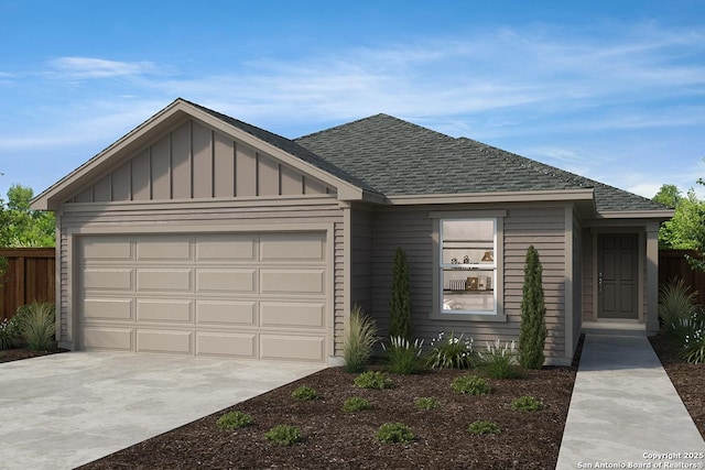 ranch-style house featuring a garage, roof with shingles, board and batten siding, and driveway