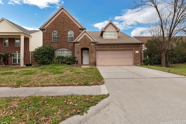 traditional home featuring a garage, brick siding, and a front lawn