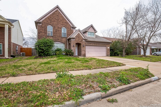 traditional-style house featuring brick siding, central AC unit, a garage, driveway, and a front lawn