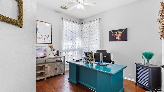 office area with baseboards, dark wood-style flooring, visible vents, and a ceiling fan