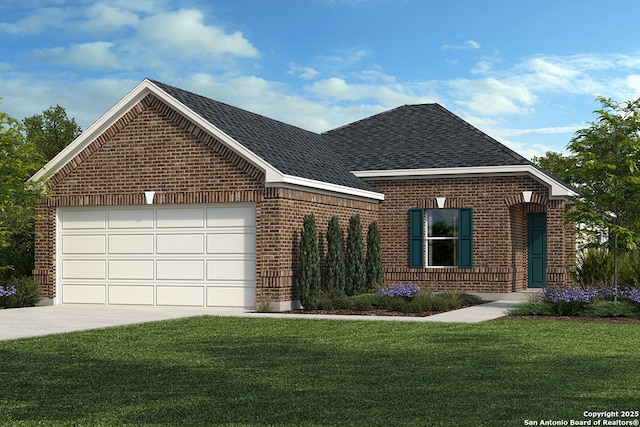 exterior space with a garage, concrete driveway, roof with shingles, a front lawn, and brick siding