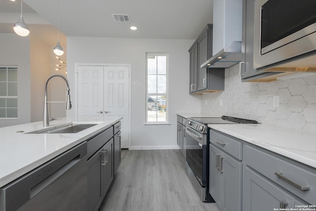 kitchen featuring decorative light fixtures, stainless steel appliances, gray cabinets, visible vents, and a sink