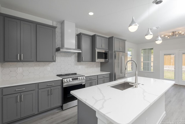 kitchen featuring a sink, appliances with stainless steel finishes, wall chimney range hood, and a kitchen island with sink