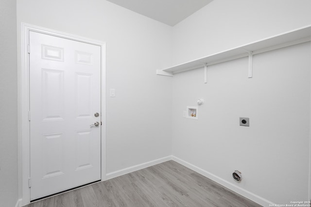 laundry area with washer hookup, light wood-style flooring, electric dryer hookup, laundry area, and baseboards