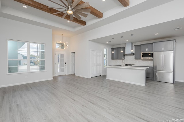 kitchen with an island with sink, appliances with stainless steel finishes, open floor plan, hanging light fixtures, and light countertops