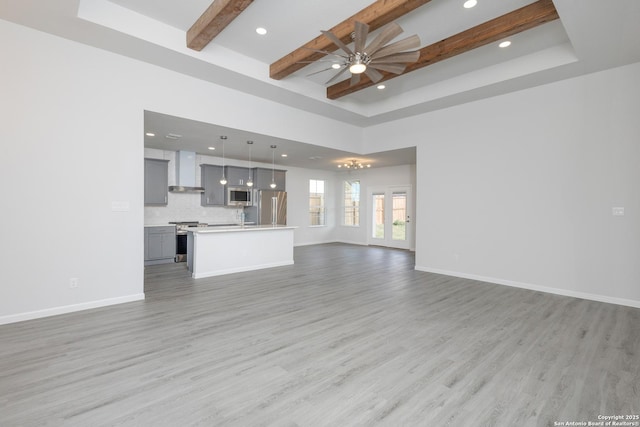 unfurnished living room with baseboards, a raised ceiling, a ceiling fan, beamed ceiling, and wood finished floors