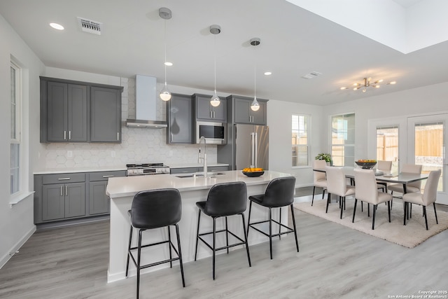 kitchen featuring stainless steel appliances, light countertops, visible vents, a sink, and wall chimney exhaust hood