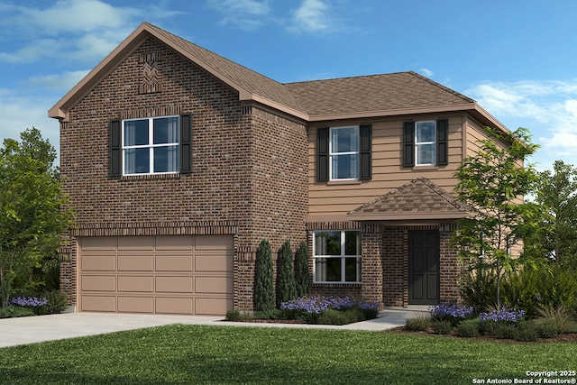 traditional home with a garage, brick siding, a shingled roof, driveway, and a front yard